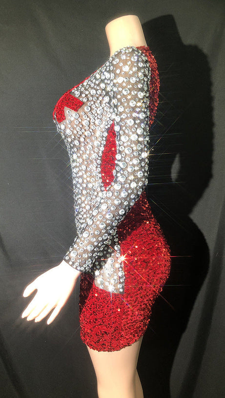 SEQUIN RHINESTONE PATCHWORK DRESS