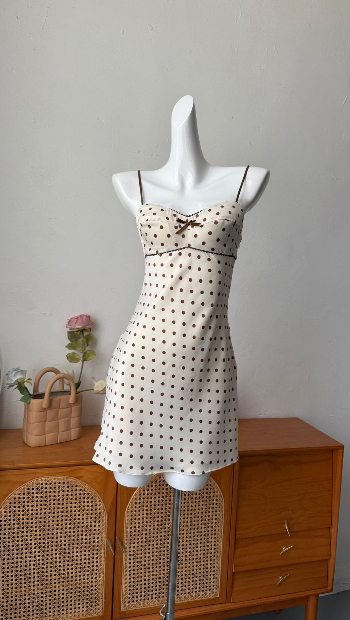 AIIZIE SATIN POLKA DOT MINI DRESS IN BEIGE - product image