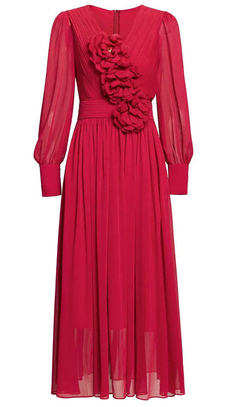 THREE-DIMENSIONAL FLOWER V-NECK PURPLE CHIFFON MAXI DRESS