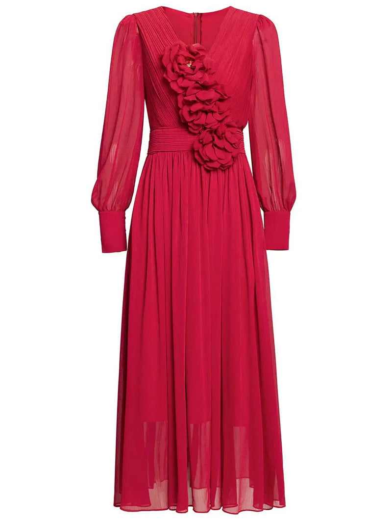 THREE-DIMENSIONAL FLOWER V-NECK PURPLE CHIFFON MAXI DRESS