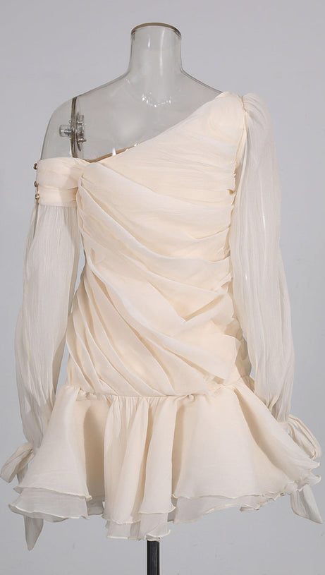 APRICOT RUFFLE DIAGONAL LONG SLEEVE MINI DRESS