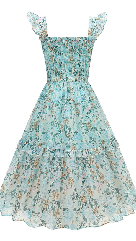 Blaues Midikleid mit Blumenmuster und Rüschen und quadratischem Ausschnitt 