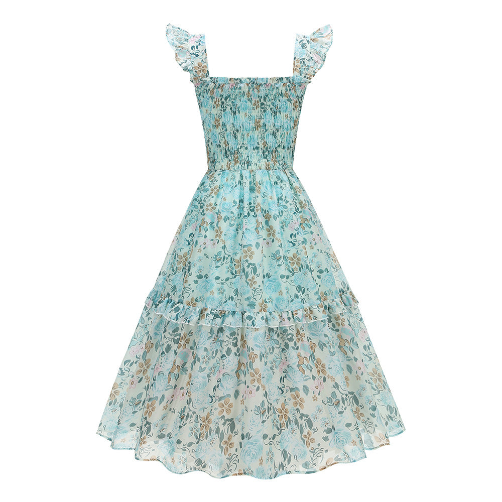 AIIZIE BLUE FLORAL RUFFLED SQUARE NECK MIDI DRESS - product image