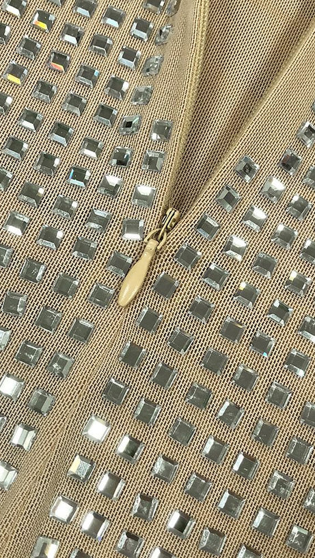 RHINESTONE MESH HALTER NECK MAXI DRESS