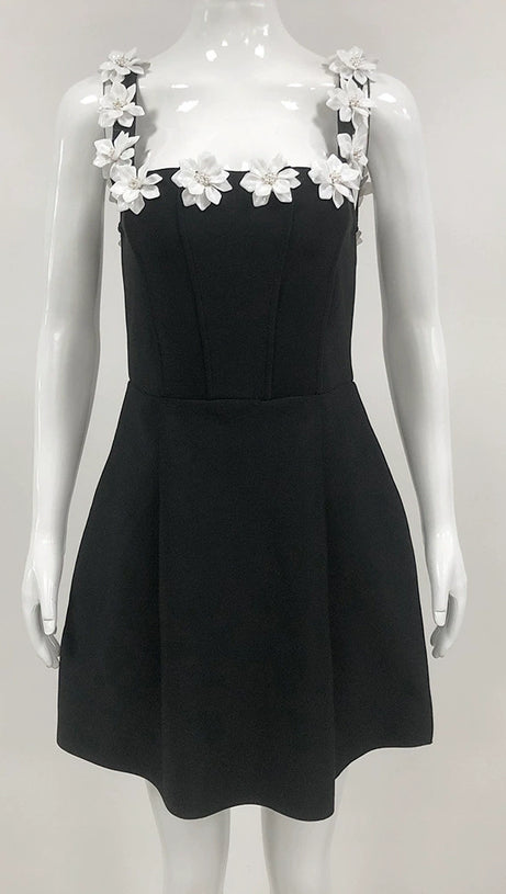 ZENOBIA FLOWER EMBELLISHED BLACK MINI DRESS