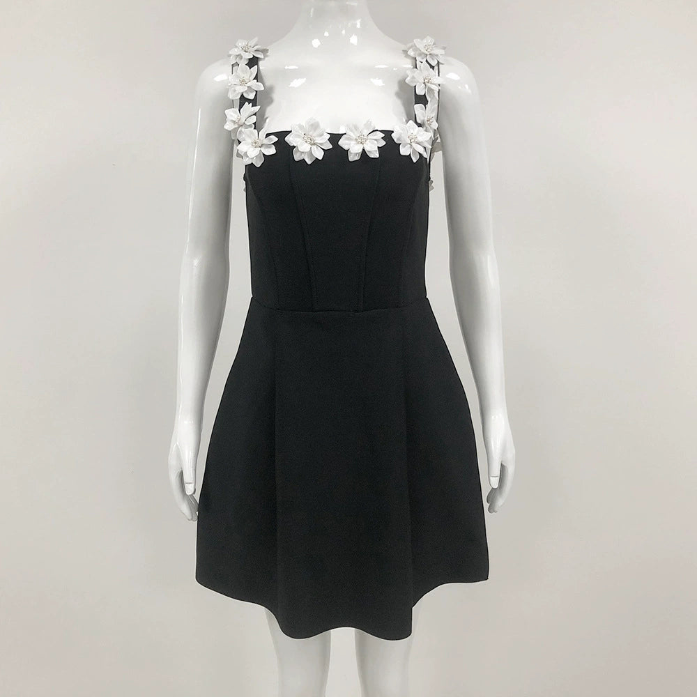 ZENOBIA FLOWER EMBELLISHED BLACK MINI DRESS