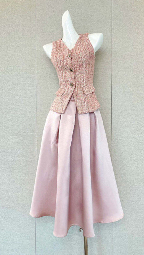 AIIZIE ELLA PINK V-NECK SLEEVELESS TOP & SKIRT TWO-PIECE SET - product image