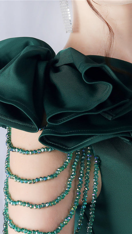 DEBBY GREEN ONE SHOULDER FLOWER CUT OUT SLIT MAXI DRESS