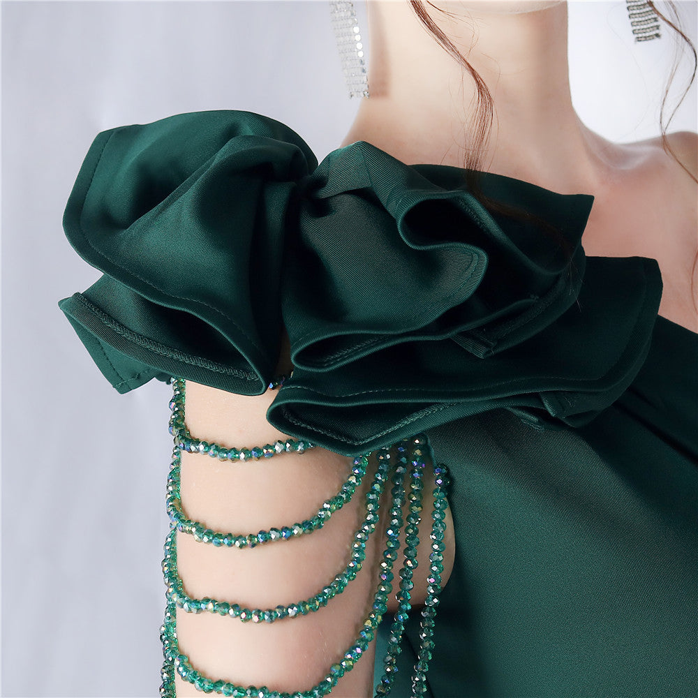 AIIZIE DEBBY GREEN ONE SHOULDER FLOWER CUT OUT SLIT MAXI DRESS - product image