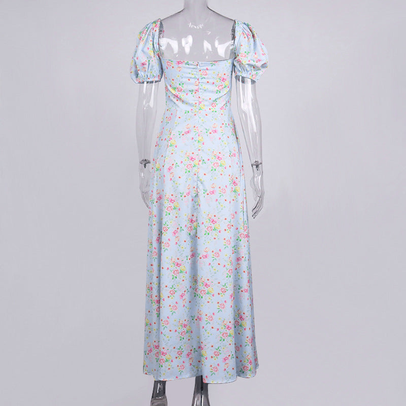 AIIZIE VINTAGE FLORAL PUFF SLEEVE MIDI DRESS IN BLUE - product image