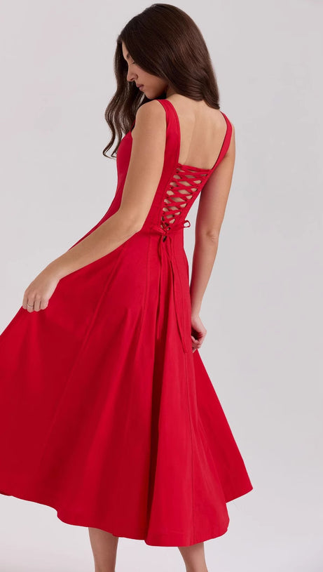 GEMMA RED LACE-UP STRETCH COTTON MIDI DRESS