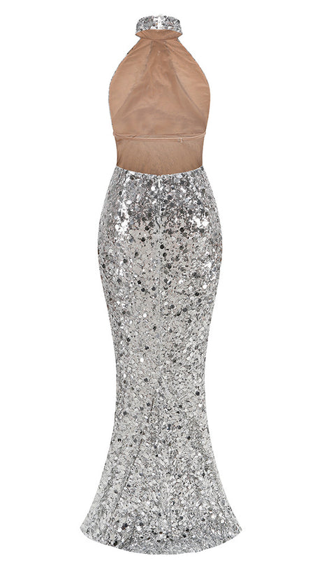 SILVER SEQUIN MESH HALTER NECK MAXI DRESS
