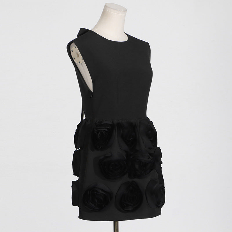 XAVIERA ROSE APPLIQUE MINI DRESS IN BLACK