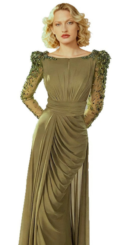 nail bead set with diamonds small trailing long dress olive green