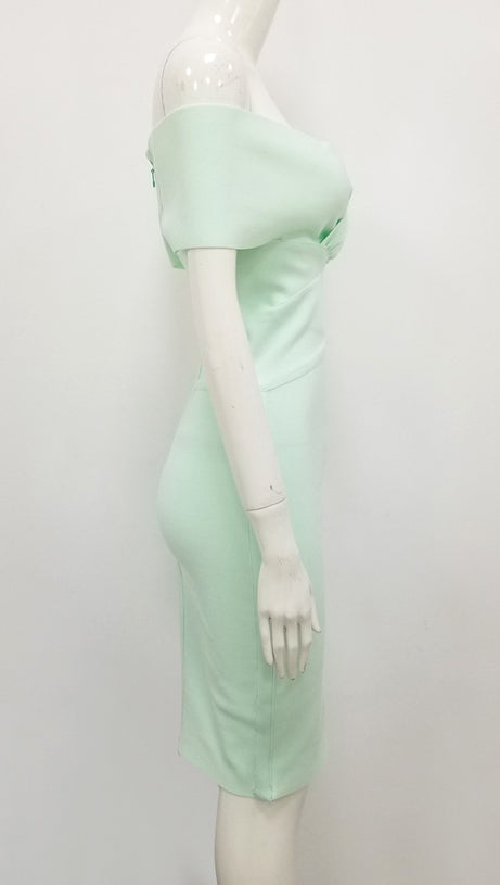 Mintgrünes, schulterfreies MIDI-KLEID