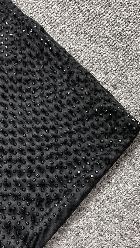 STRAPLESS RHINESTONE ROSE MAXI DRESS IN BLACK