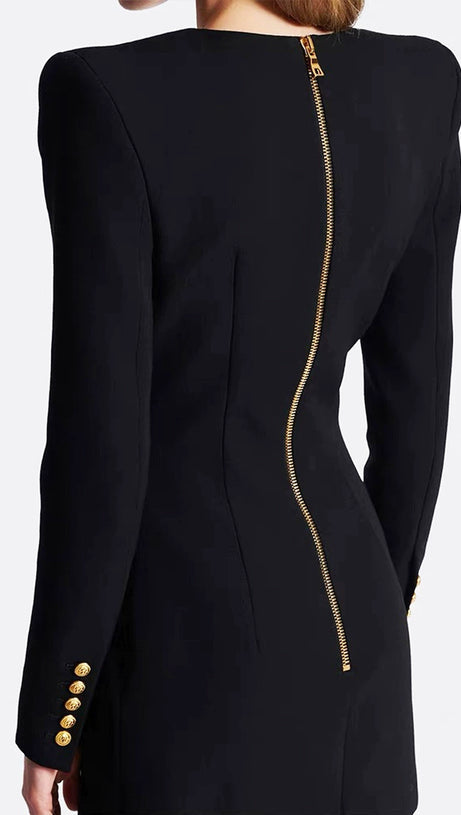 HEDDA SCHWARZES SAMT-MINIKLEID MIT V-AUSSCHNITT UND METALLKNÖPFEN