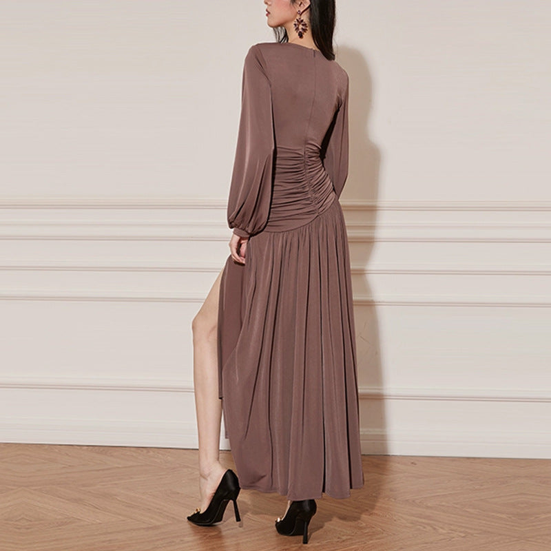 PLEATED CUTOUT CHIFFON MAXI DRESS IN PALE BROWN