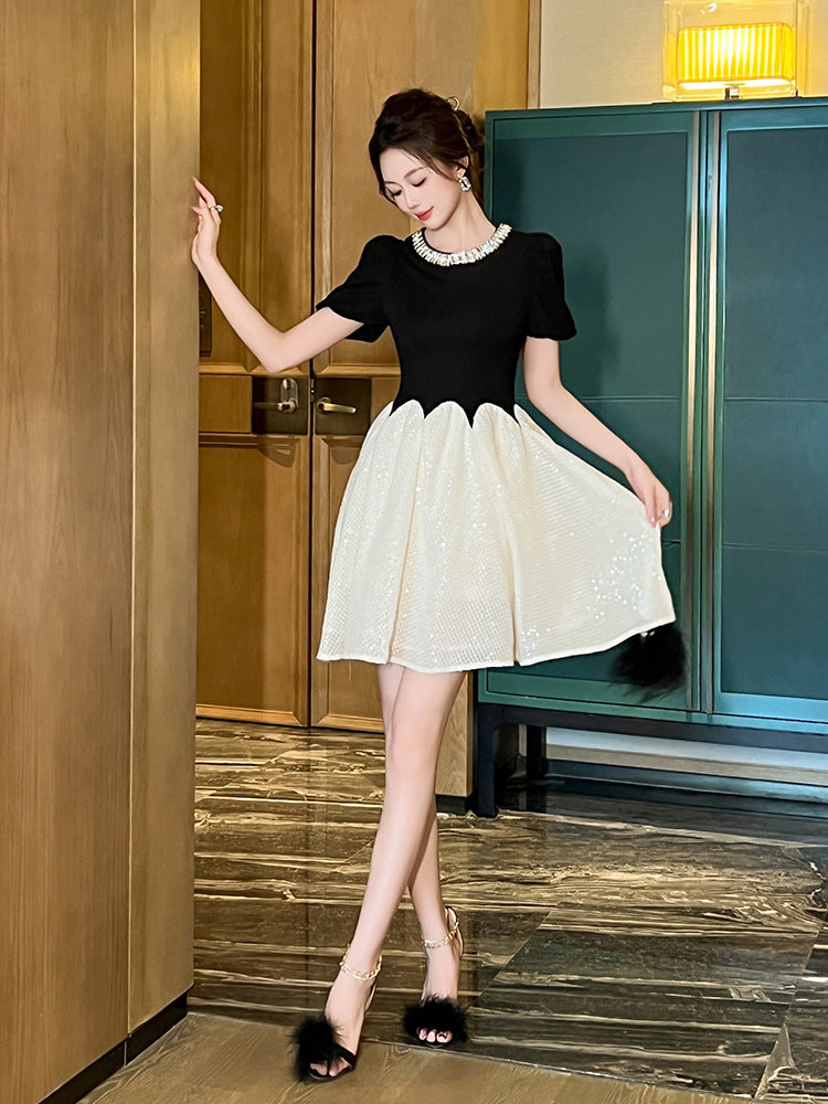 AIIZIE leona black-white Two-Tone rhinestone neck sequin mini Dress - product image