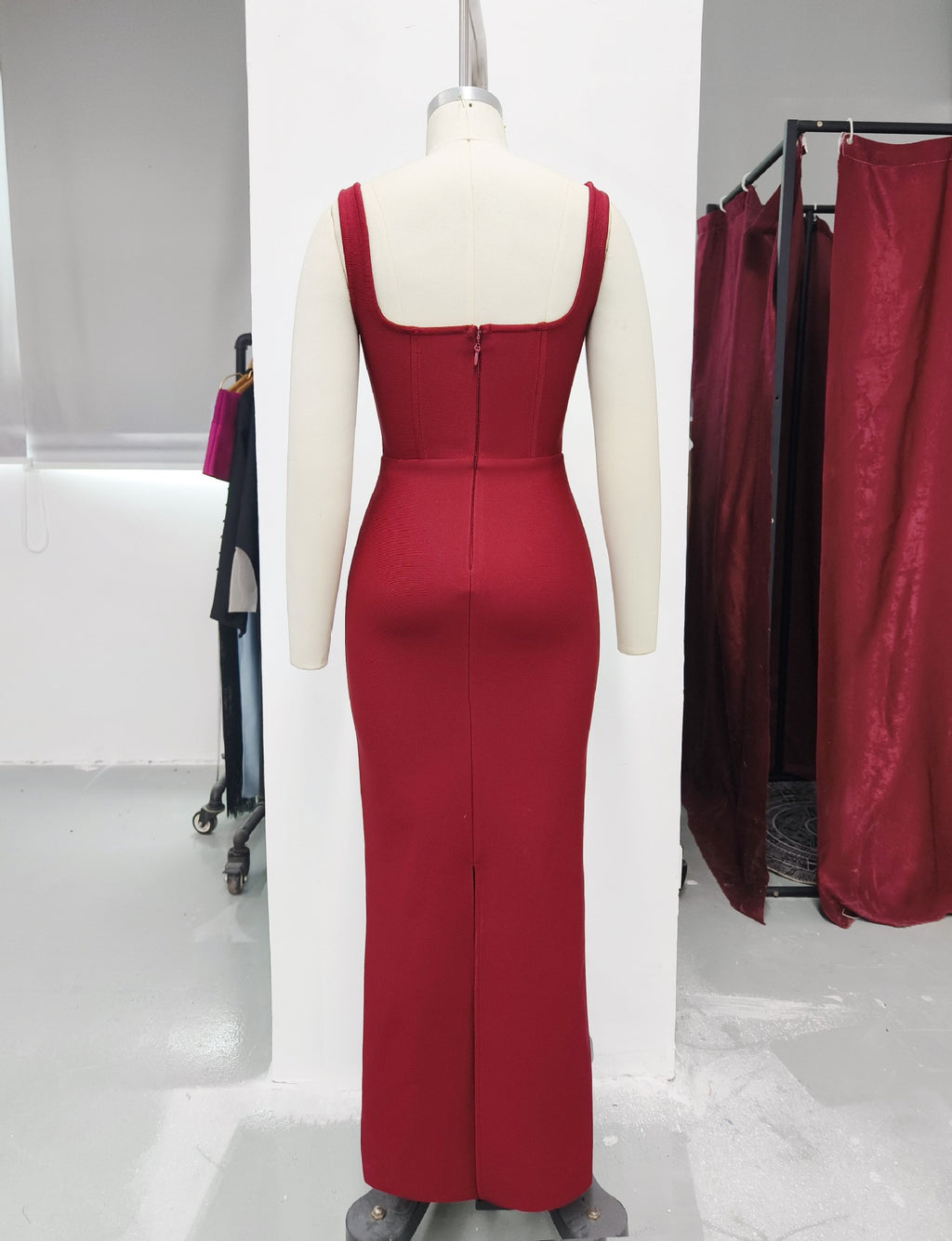 RED SLEEVELESS SQUARE NECK DIAMANTE BANDAGE MAXI DRESS