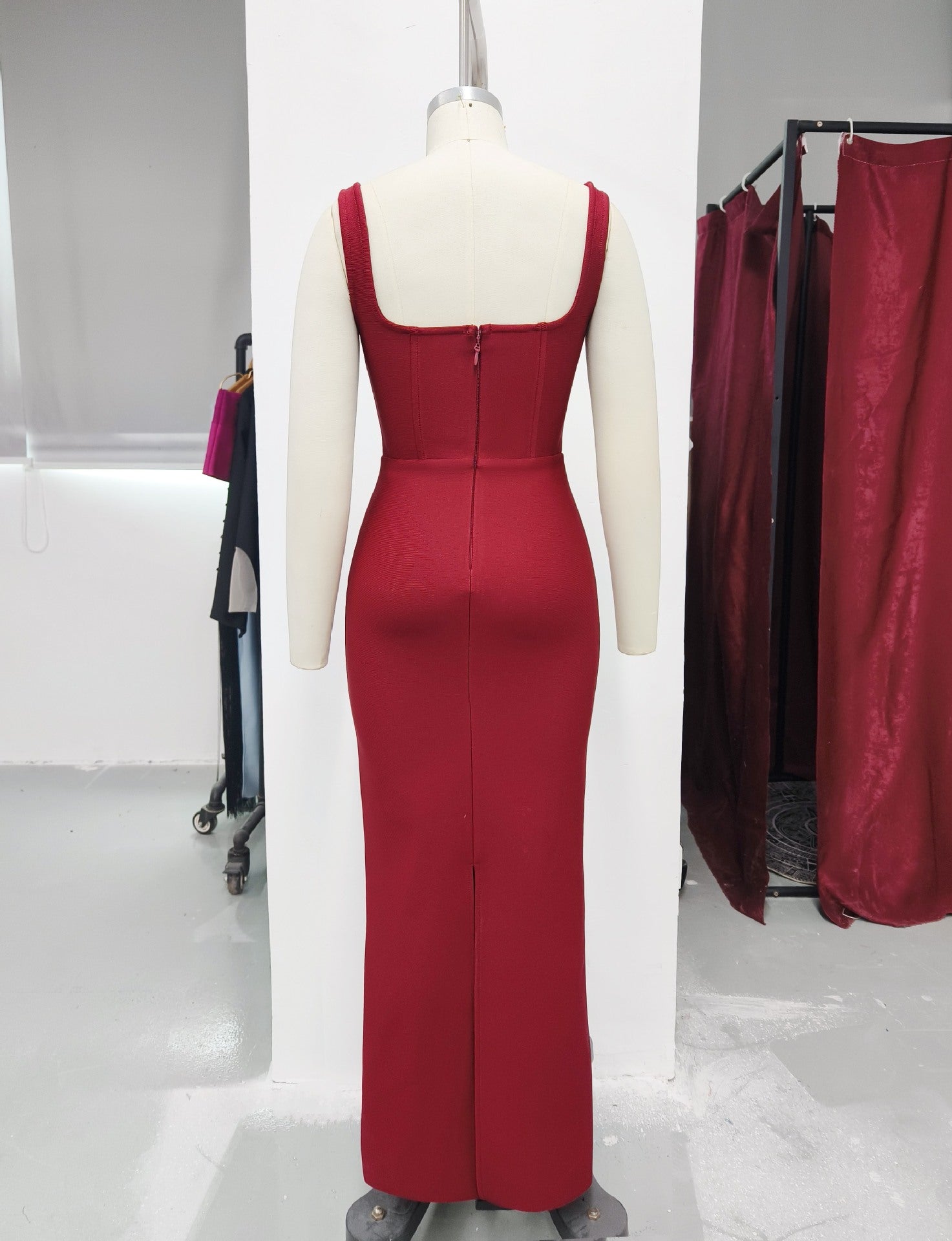 RED SLEEVELESS SQUARE NECK DIAMANTE BANDAGE MAXI DRESS