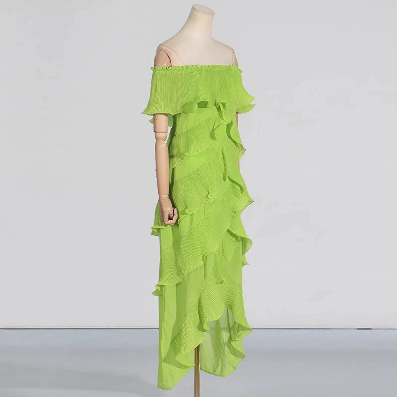 DORA GREEN OFF-SHOULDER PLEATED ORGANZA MAXI DRESS