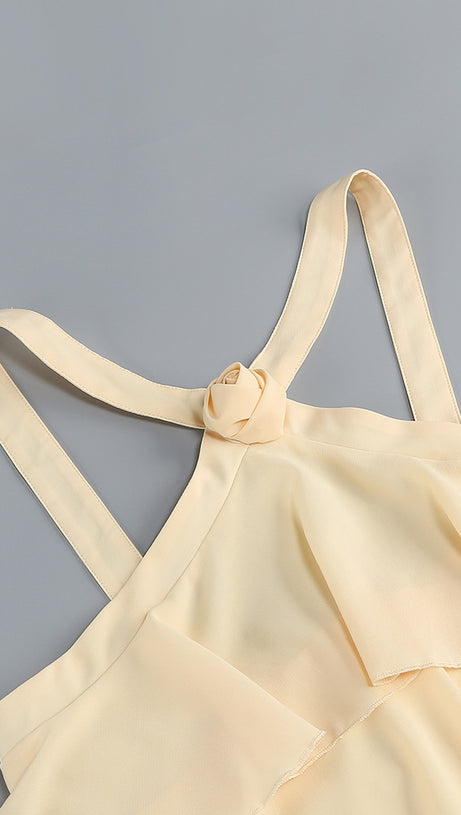 BEIGE TIERED HALTER NECK CHIFFON MAXI DRESS