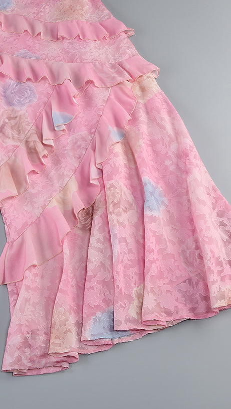 Gerüschtes, farbiges Camisole-Midikleid in Pink