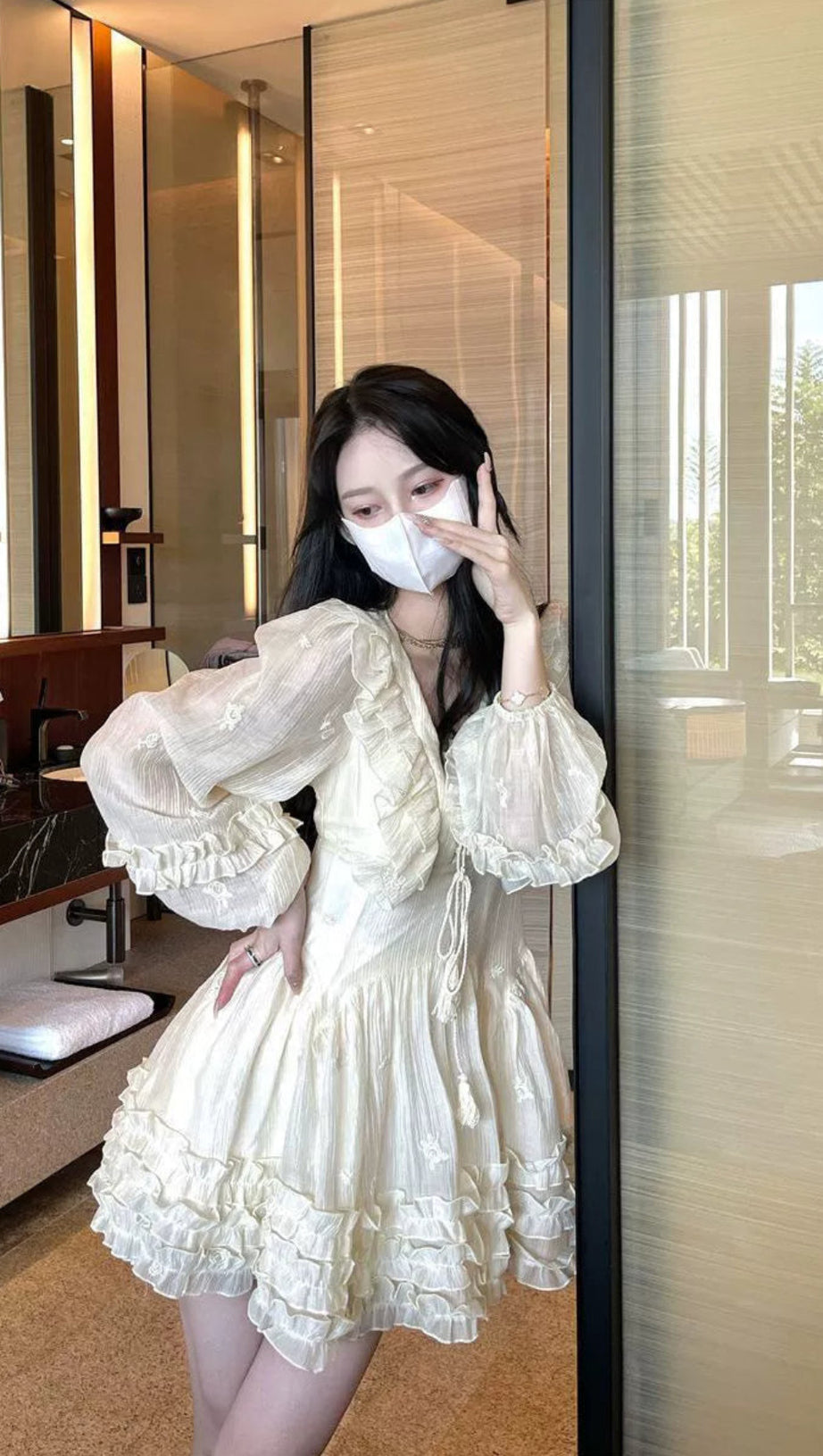 RUFFLED LONG-SLEEVE MINI DRESS IN CHAMPAGNE