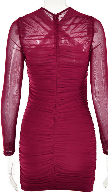 LONG SLEEVE RUCHED MESH DRESS IN WINE