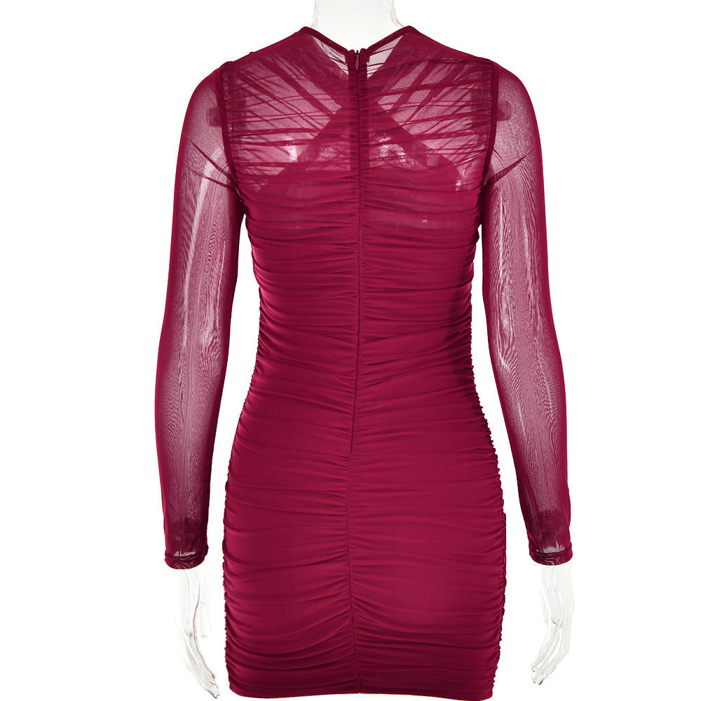AIIZIE LONG SLEEVE RUCHED MESH DRESS IN WINE - product image