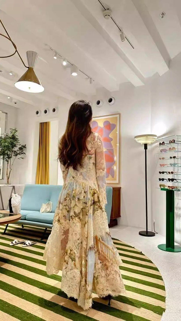 AIIZIE KRISTIN LONG SLEEVES FLORAL PRINTED ASYMMETRIC LACE MAXI DRESS - product image