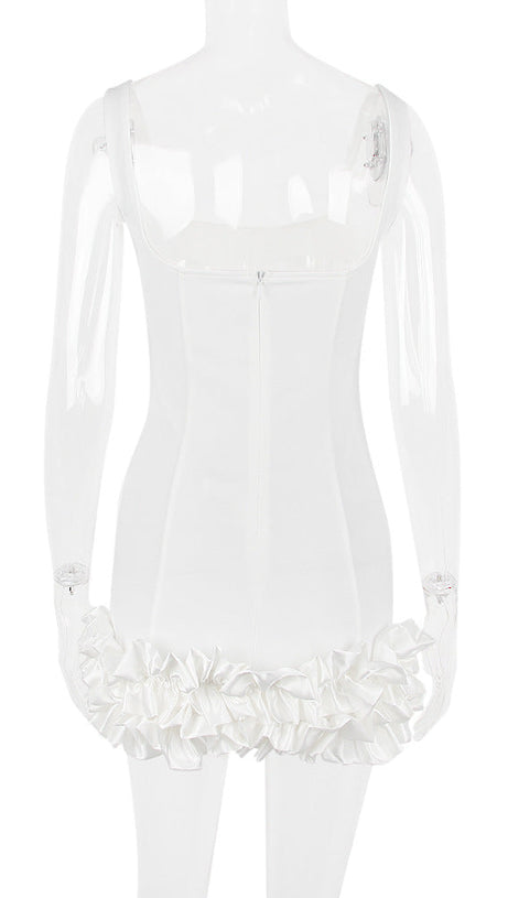 WHITE RUFFLE SATIN DRESS