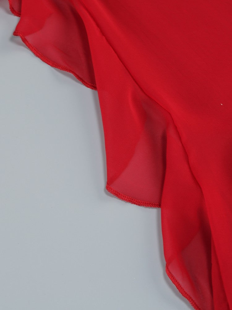 Eunice – Rotes Chiffon-Midikleid mit Neckholder und Rüschen