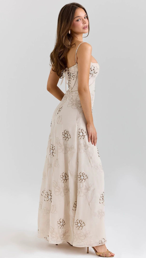 Vintage embroidered hollow slip maxi dress - white