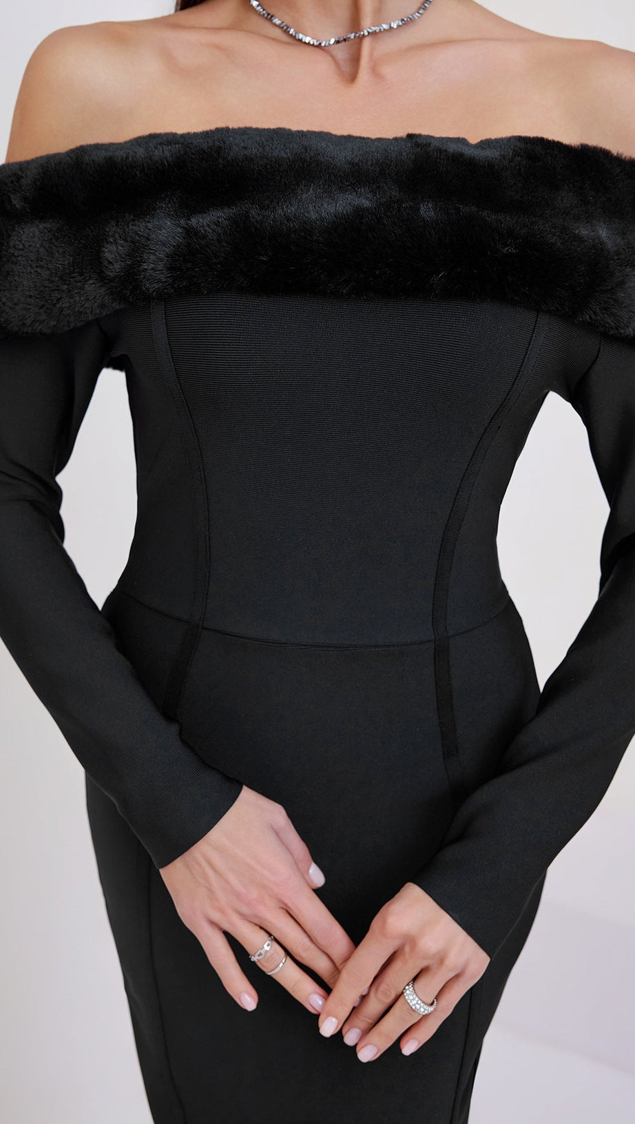 FUZZY TRIM SPLIT BODYCON STRAPLESS MIDI DRESS IN BLACK