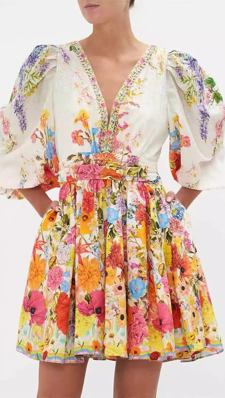 MINI ABITO IN SETA CON STAMPA E MANICHE A SBUFFO