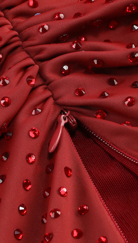 DIAMOND EMBELLISHED PLEATED MIDI DRESS IN MERLOT