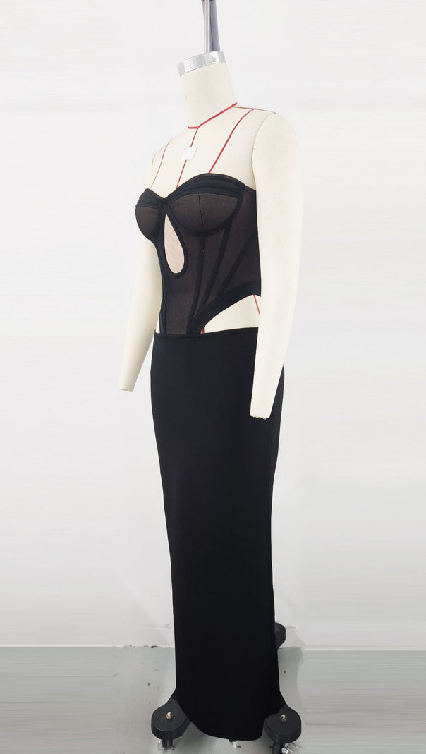 AIIZIE MESH SPLICING ELASTIC BANDAGE EVENING GOWN MAXI DRESS - product image