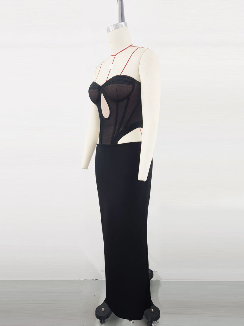 Mesh Splicing Elastic Bandage Evening Gown Maxi  Dress