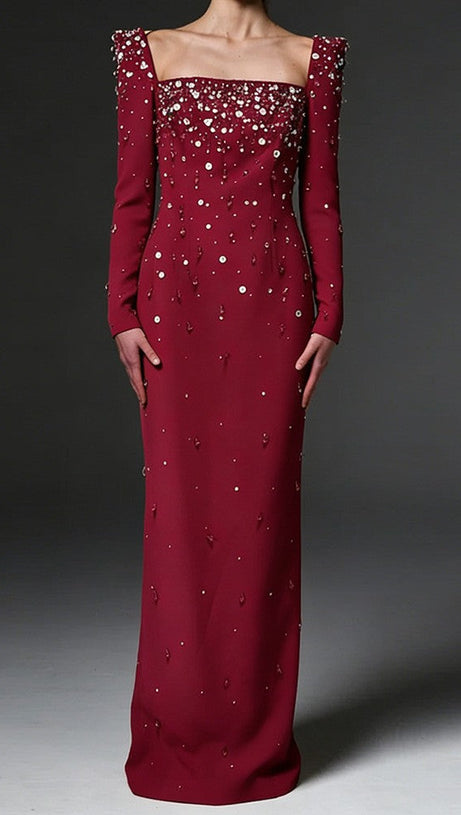 Purple Square Neck Long Sleeve Crystal Maxi Dress