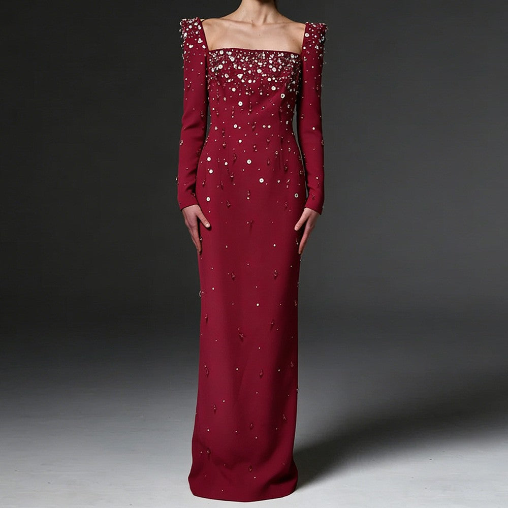 AIIZIE Purple Square Neck Long Sleeve Crystal Maxi Dress - product image