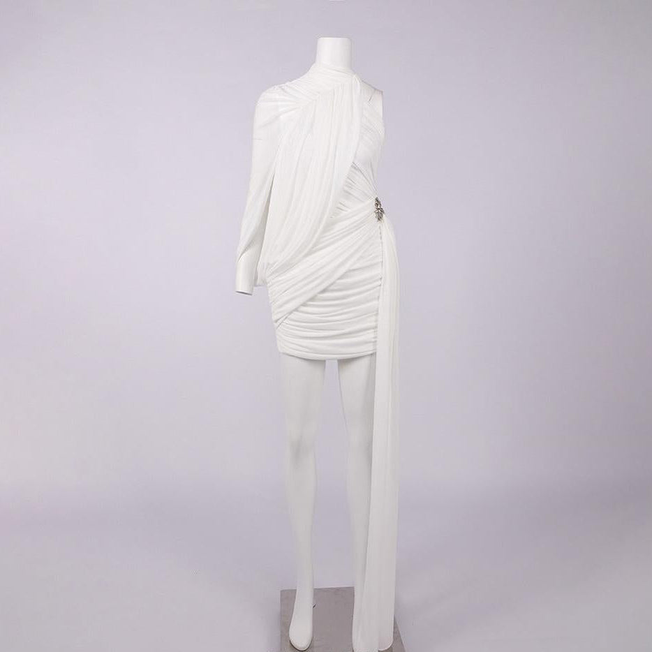 off-shoulder single-sleeve pleated bodycon Ribbon mini dress - white