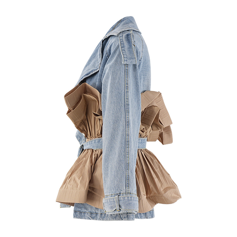 Denim-Tunikamantel mit Patchwork-Rüschen