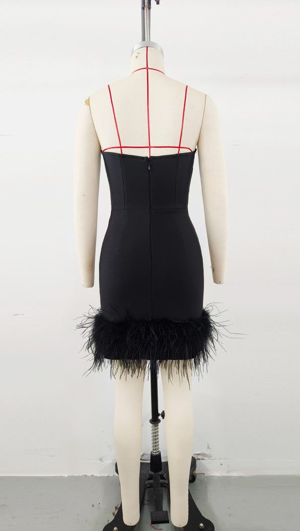 AIIZIE DEEP V TUBE TOP OSTRICH FEATHER HIP-WRAPPED MINI DRESS BLACK - product image