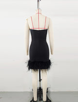 Deep V tube top ostrich feather hip-wrapped mini dress black