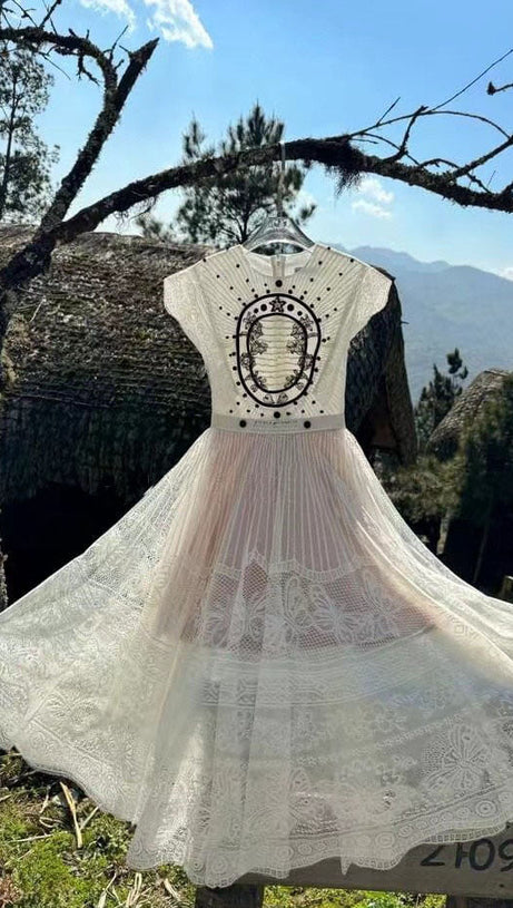 EMBROIDERY LACE MIDI DRESS IN WHITE