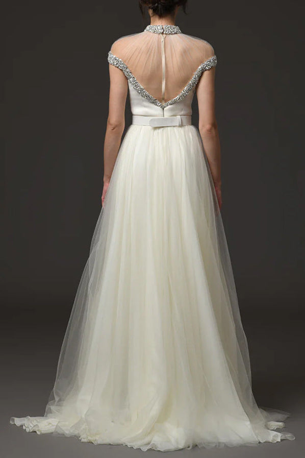 Mesh-paneled beaded rhinestone-embellished maxi dress - white