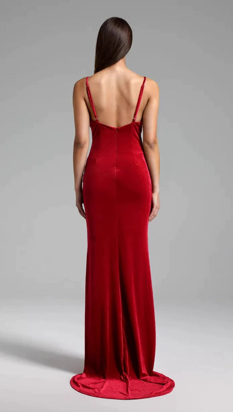 HILDA BOW-EMBELLISHED VELVET GOWN IN RED