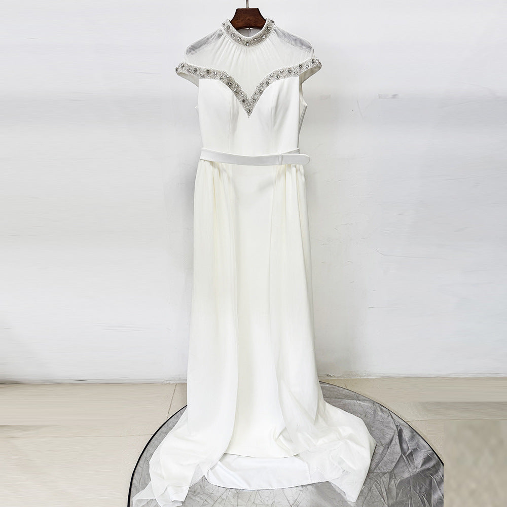 Mesh-paneled beaded rhinestone-embellished maxi dress - white